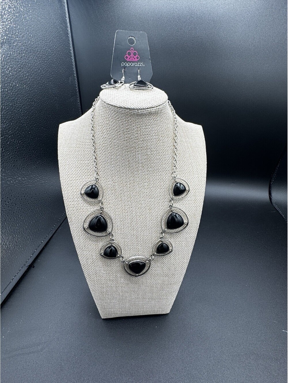 Paparazzi Black Triangle Stone Statement Necklace & Earrings Set Boho NWT